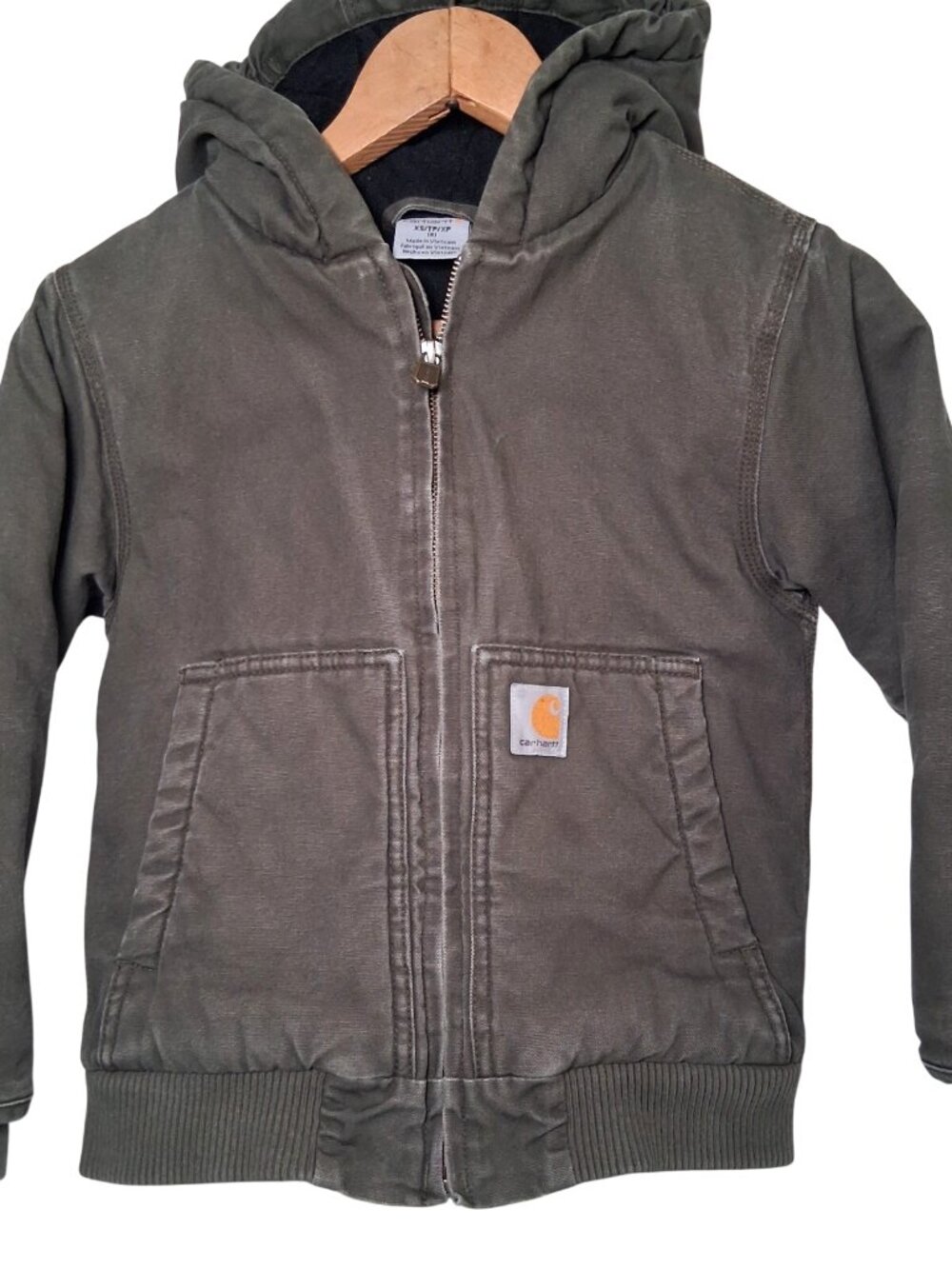 Carhartt Jacket Boys Size XS 6 Green Duck Cloth Canvas Hooded Quilted Workwear